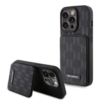 Apple iPhone 15 Pro Max Case Karl Lagerfeld Stand Card Holder Saffiano Monogram Metal Logo Original Licensed Cover Black
