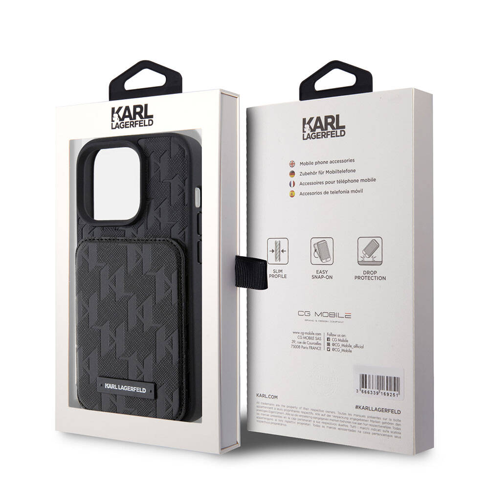 Apple iPhone 15 Pro Max Kılıf Karl Lagerfeld Standlı Kartlıklı Saffiano Monogram Metal Logo Orjinal Lisanslı Kapak Siyah