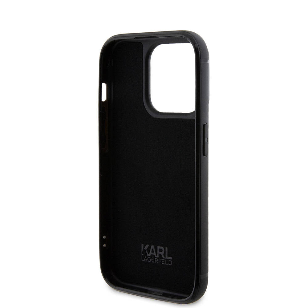 Apple iPhone 15 Pro Max Kılıf Karl Lagerfeld Taşlı Metal Logo Orjinal Lisanslı Kapak Gümüş