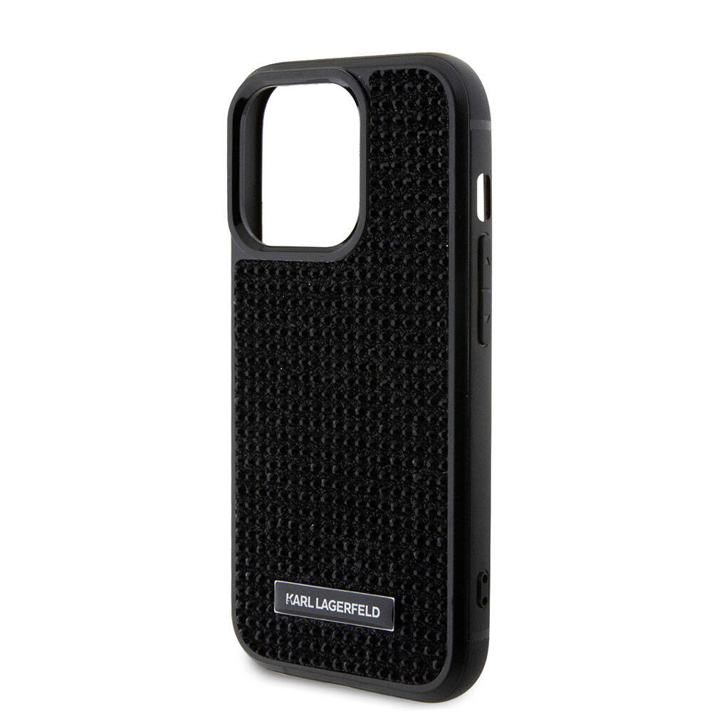 Apple iPhone 15 Pro Max Kılıf Karl Lagerfeld Taşlı Metal Logo Orjinal Lisanslı Kapak Gümüş