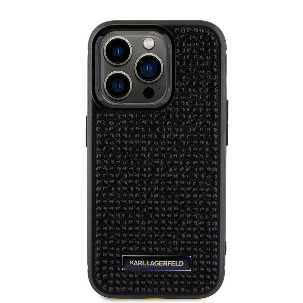 Apple iPhone 15 Pro Max Kılıf Karl Lagerfeld Taşlı Metal Logo Orjinal Lisanslı Kapak Gümüş