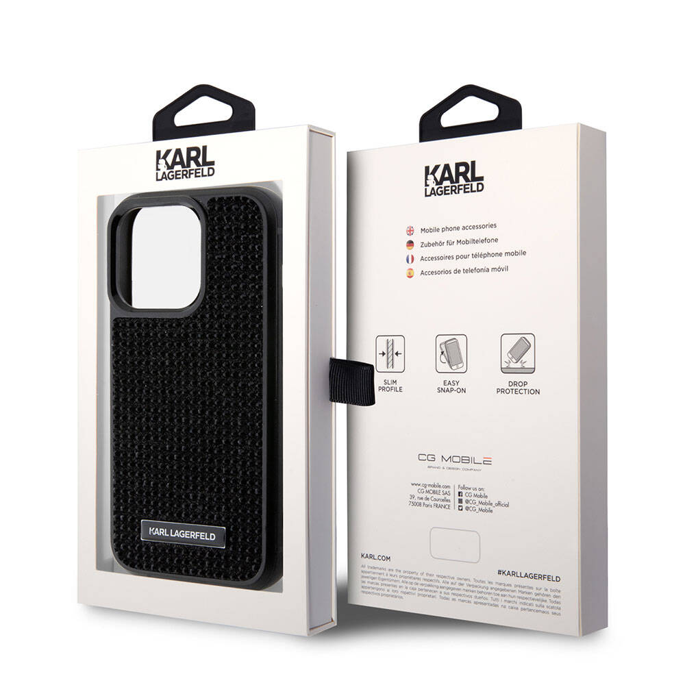 Apple iPhone 15 Pro Max Kılıf Karl Lagerfeld Taşlı Metal Logo Orjinal Lisanslı Kapak Gümüş