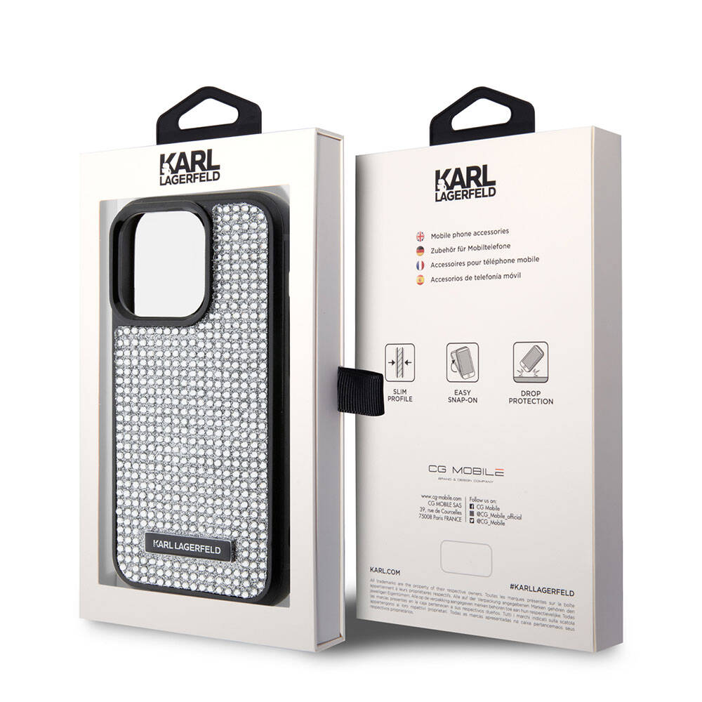 Apple iPhone 15 Pro Max Kılıf Karl Lagerfeld Taşlı Metal Logo Orjinal Lisanslı Kapak Gümüş