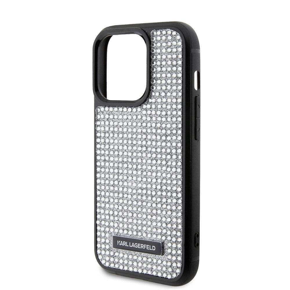 Apple iPhone 15 Pro Max Kılıf Karl Lagerfeld Taşlı Metal Logo Orjinal Lisanslı Kapak Gümüş