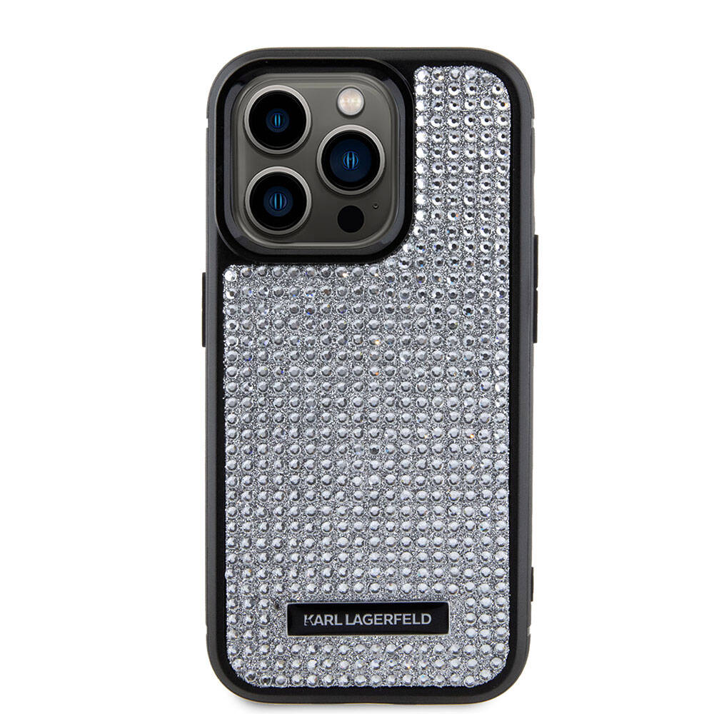 Apple iPhone 15 Pro Max Kılıf Karl Lagerfeld Taşlı Metal Logo Orjinal Lisanslı Kapak Gümüş