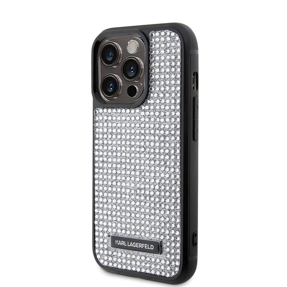 Apple iPhone 15 Pro Max Kılıf Karl Lagerfeld Taşlı Metal Logo Orjinal Lisanslı Kapak Gümüş