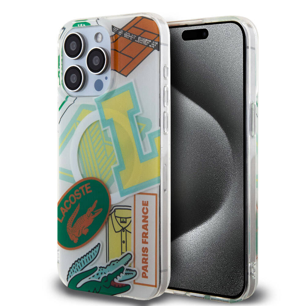 Apple iPhone 15 Pro Max Case Lacoste Original Licensed M-Safe Charging Feature Double Layer Patches Patterned Cover Blue