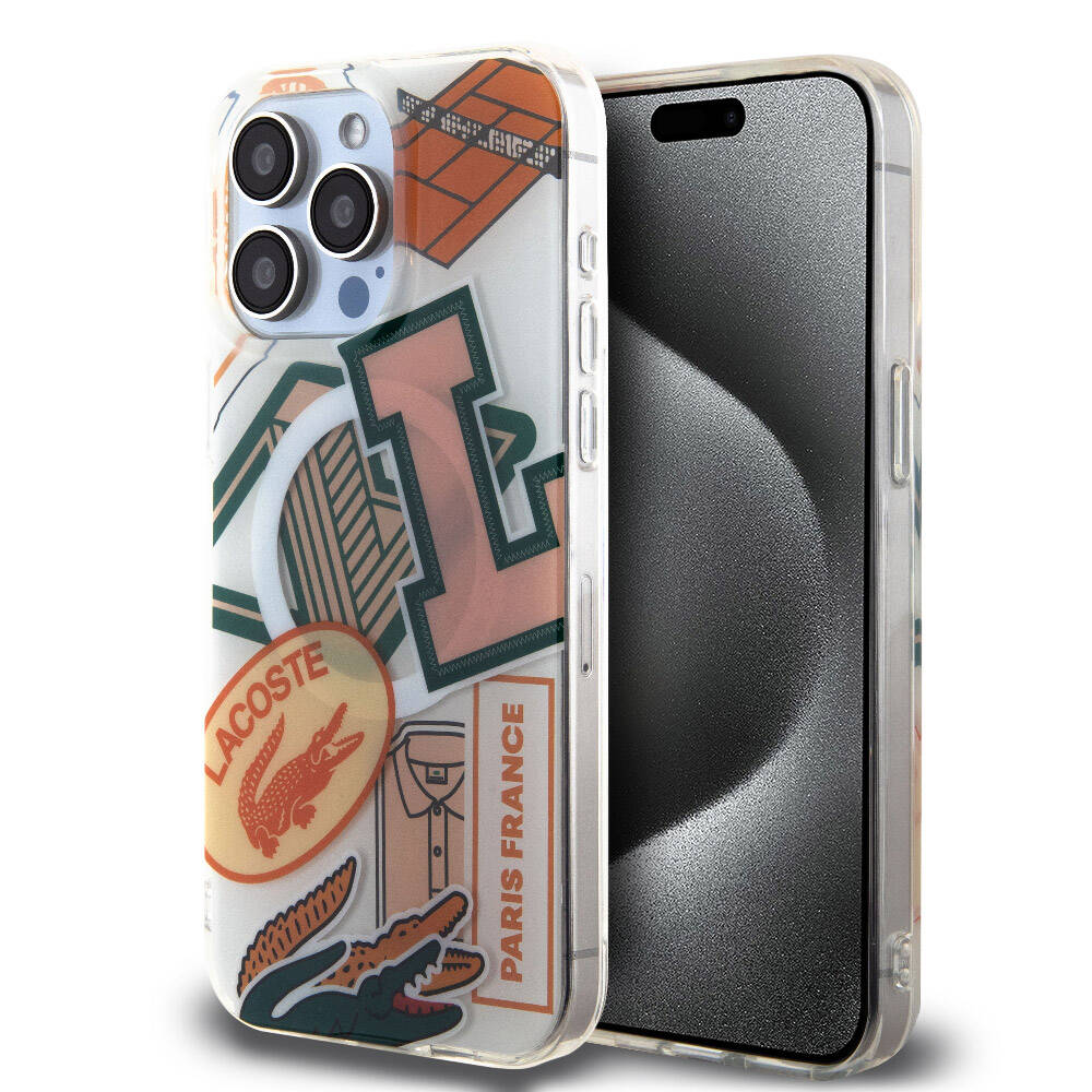 Apple iPhone 15 Pro Max Case Lacoste Original Licensed M-safe Charging Feature Double Layer Patches Patterned Cover Orange