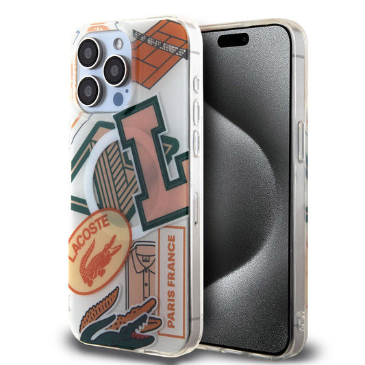 Apple iPhone 15 Pro Max Kılıf Lacoste Orjinal Lisanslı M-safe Şarj Özellikli Çift Katmanlı Yamalar Desenli Kapak Turuncu