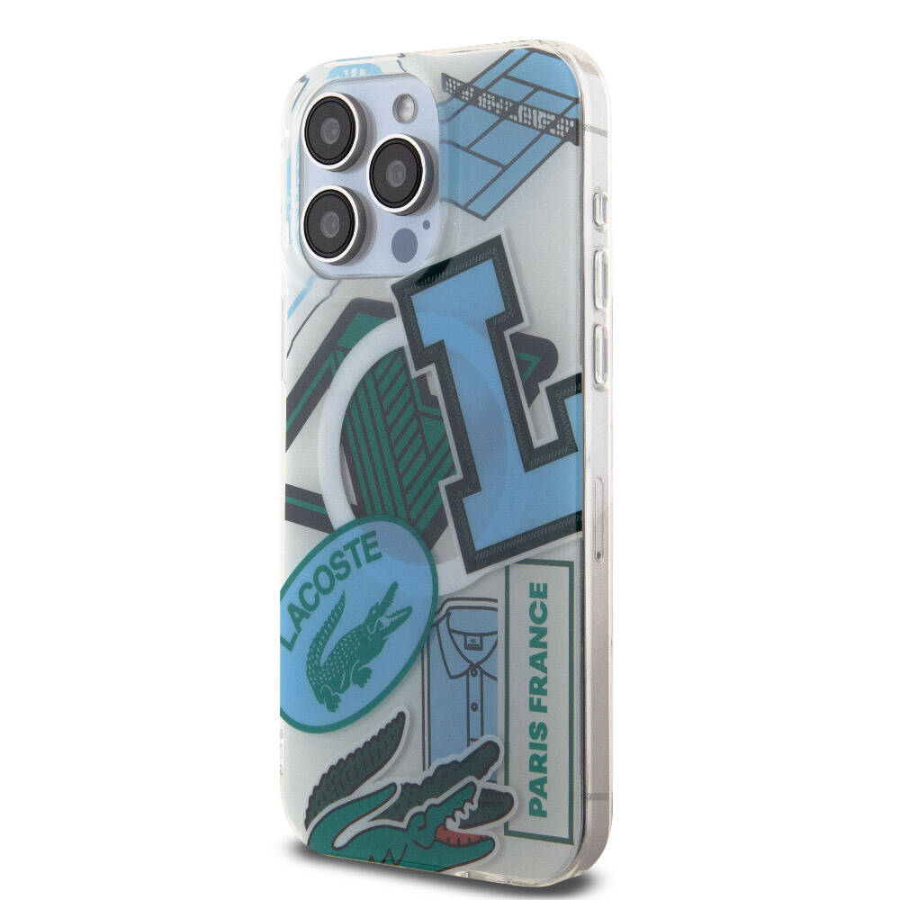 Apple iPhone 15 Pro Max Case Lacoste Original Licensed M-Safe Charging Feature Double Layer Patches Patterned Cover Blue