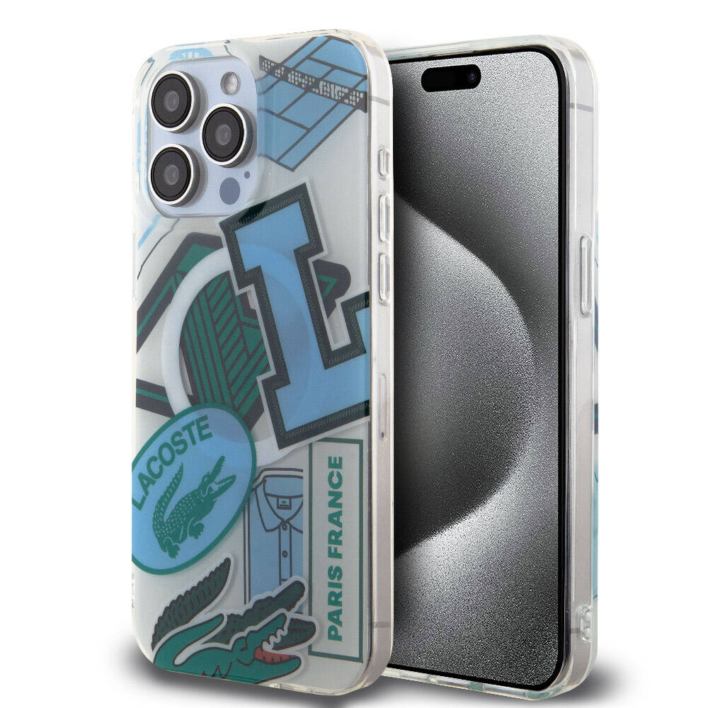Apple iPhone 15 Pro Max Case Lacoste Original Licensed M-Safe Charging Feature Double Layer Patches Patterned Cover Blue