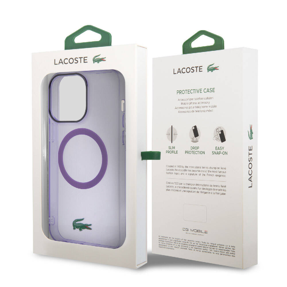 Apple iPhone 15 Pro Max Case Lacoste Original Licensed M-Safe Charging Feature Iconic Crocodile Logo Hard Parmesan Cover Purple