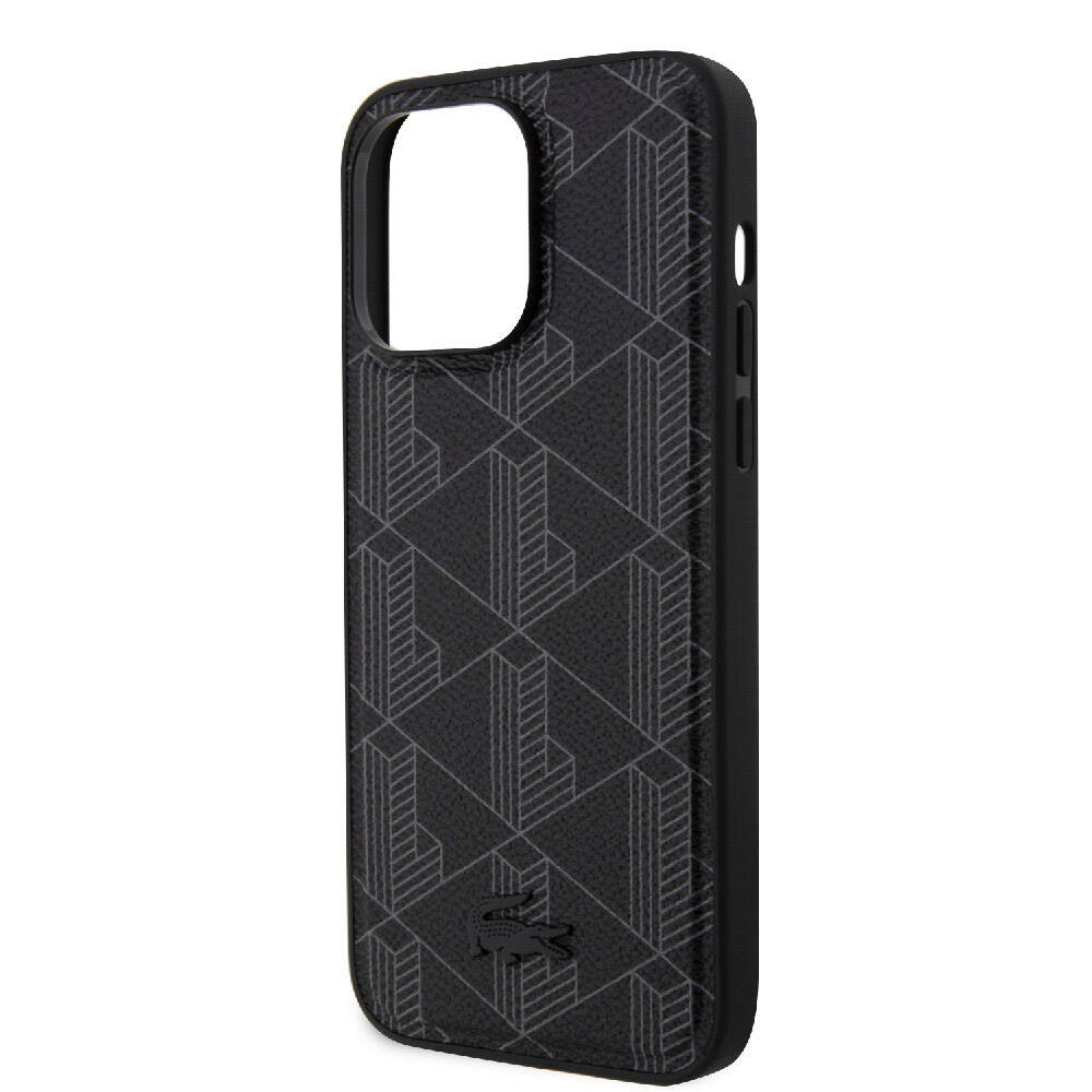 Apple iPhone 15 Pro Max Case Lacoste Original Licensed M-Safe Charging Feature PU Leather Look Mixed Monogram Patterned Cover Black