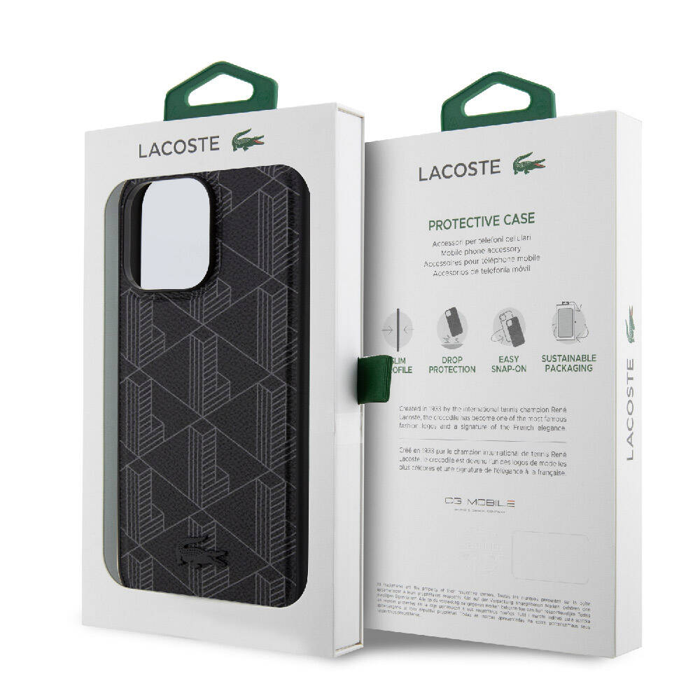 Apple iPhone 15 Pro Max Case Lacoste Original Licensed M-Safe Charging Feature PU Leather Look Mixed Monogram Patterned Cover Navy Blue