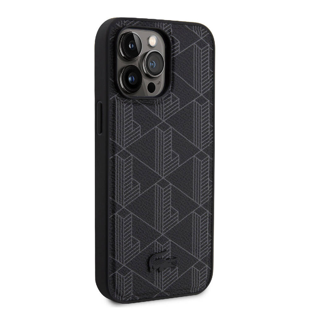 Apple iPhone 15 Pro Max Case Lacoste Original Licensed M-Safe Charging Feature PU Leather Look Mixed Monogram Patterned Cover Black