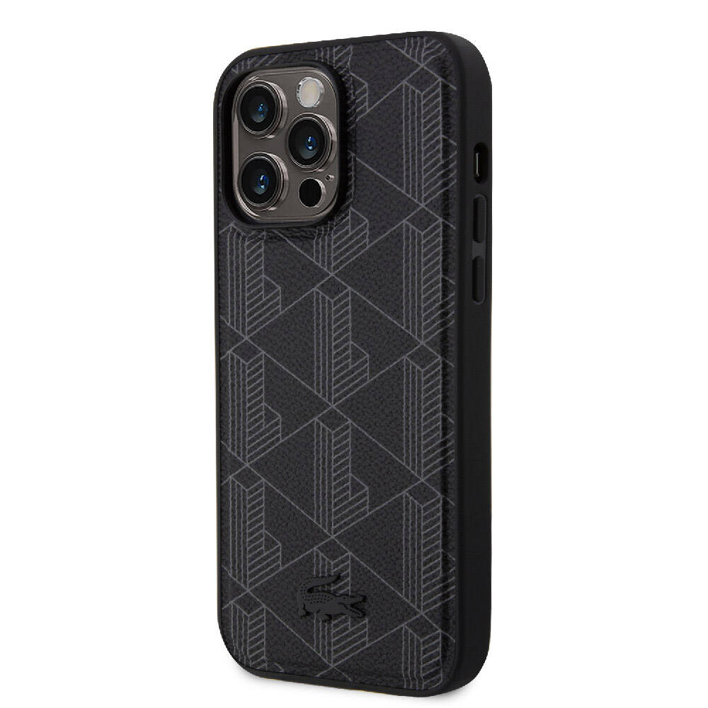 Apple iPhone 15 Pro Max Case Lacoste Original Licensed M-Safe Charging Feature PU Leather Look Mixed Monogram Patterned Cover Black