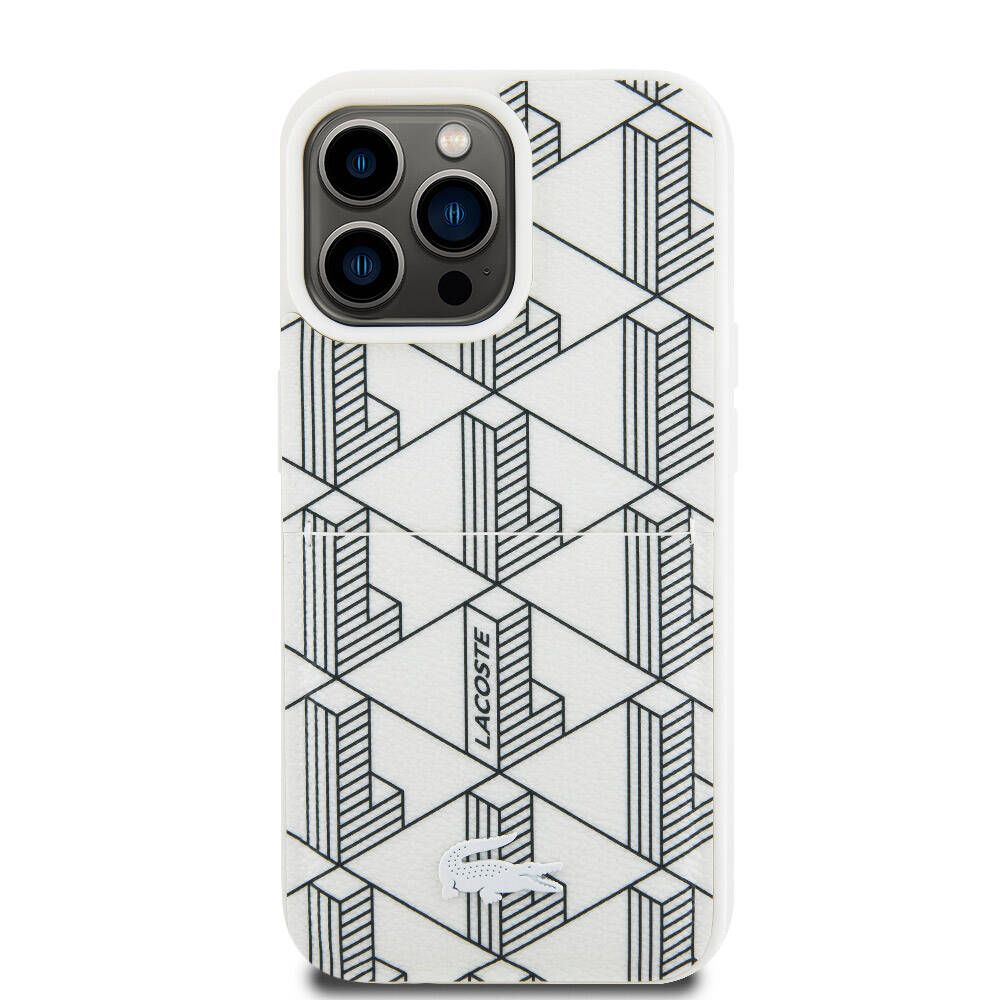 Apple iPhone 15 Pro Max Case Lacoste Original Licensed M-Safe Charging Function PU Leather Look Card Holder Mixed Monogram Pattern Cover White