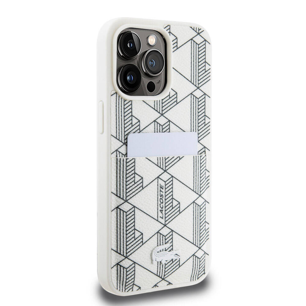 Apple iPhone 15 Pro Max Case Lacoste Original Licensed M-Safe Charging Function PU Leather Look Card Holder Mixed Monogram Pattern Cover White