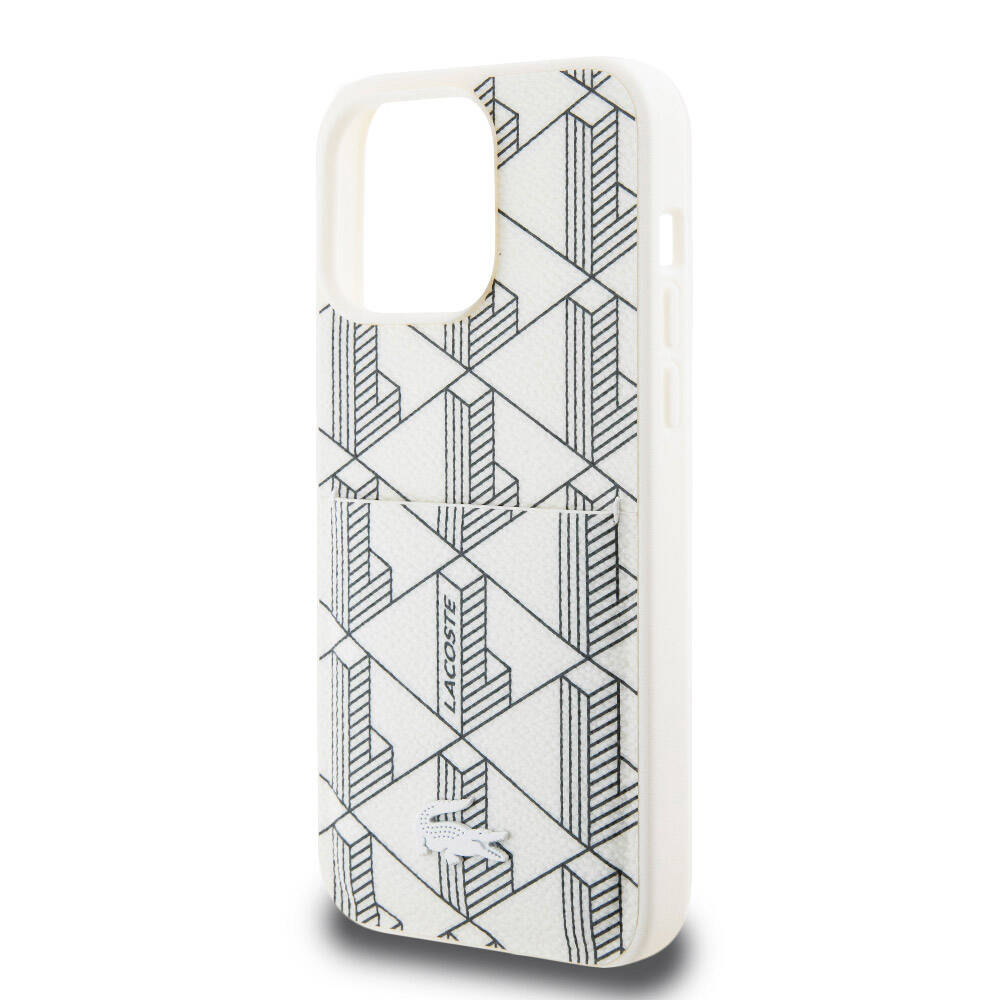 Apple iPhone 15 Pro Max Case Lacoste Original Licensed M-Safe Charging Function PU Leather Look Card Holder Mixed Monogram Pattern Cover White
