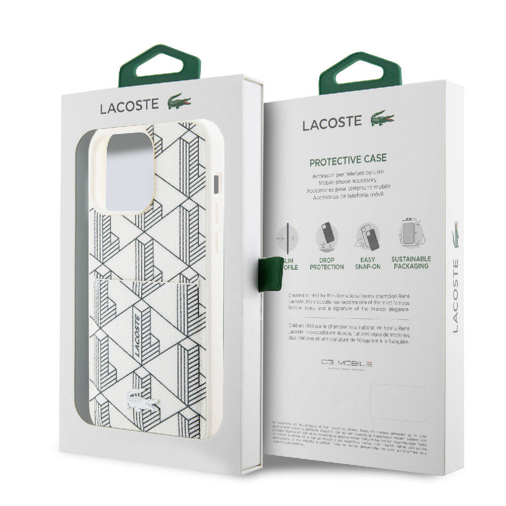 Apple iPhone 15 Pro Max Case Lacoste Original Licensed M-Safe Charging Function PU Leather Look Card Holder Mixed Monogram Pattern Cover White