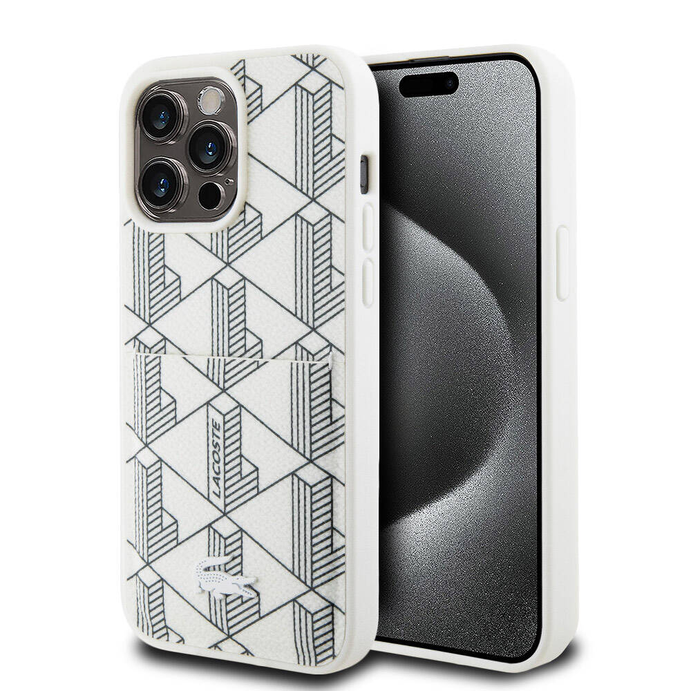 Apple iPhone 15 Pro Max Case Lacoste Original Licensed M-Safe Charging Function PU Leather Look Card Holder Mixed Monogram Pattern Cover White