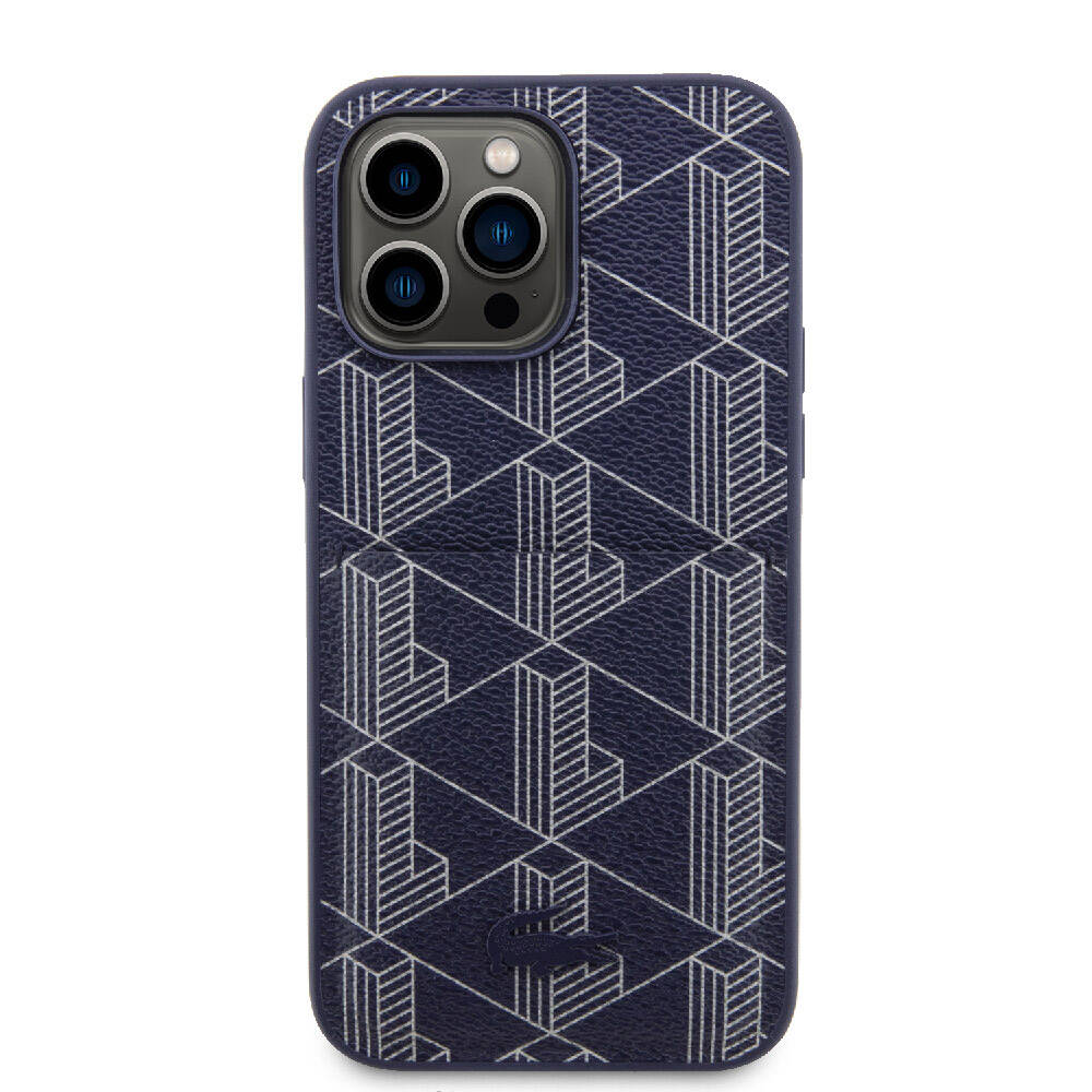 Apple iPhone 15 Pro Max Case Lacoste Original Licensed M-Safe Charging Function PU Leather Look Card Holder Mixed Monogram Pattern Cover Navy Blue