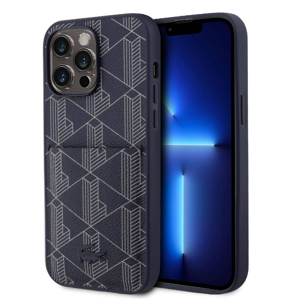 Apple iPhone 15 Pro Max Case Lacoste Original Licensed M-Safe Charging Function PU Leather Look Card Holder Mixed Monogram Pattern Cover Navy Blue