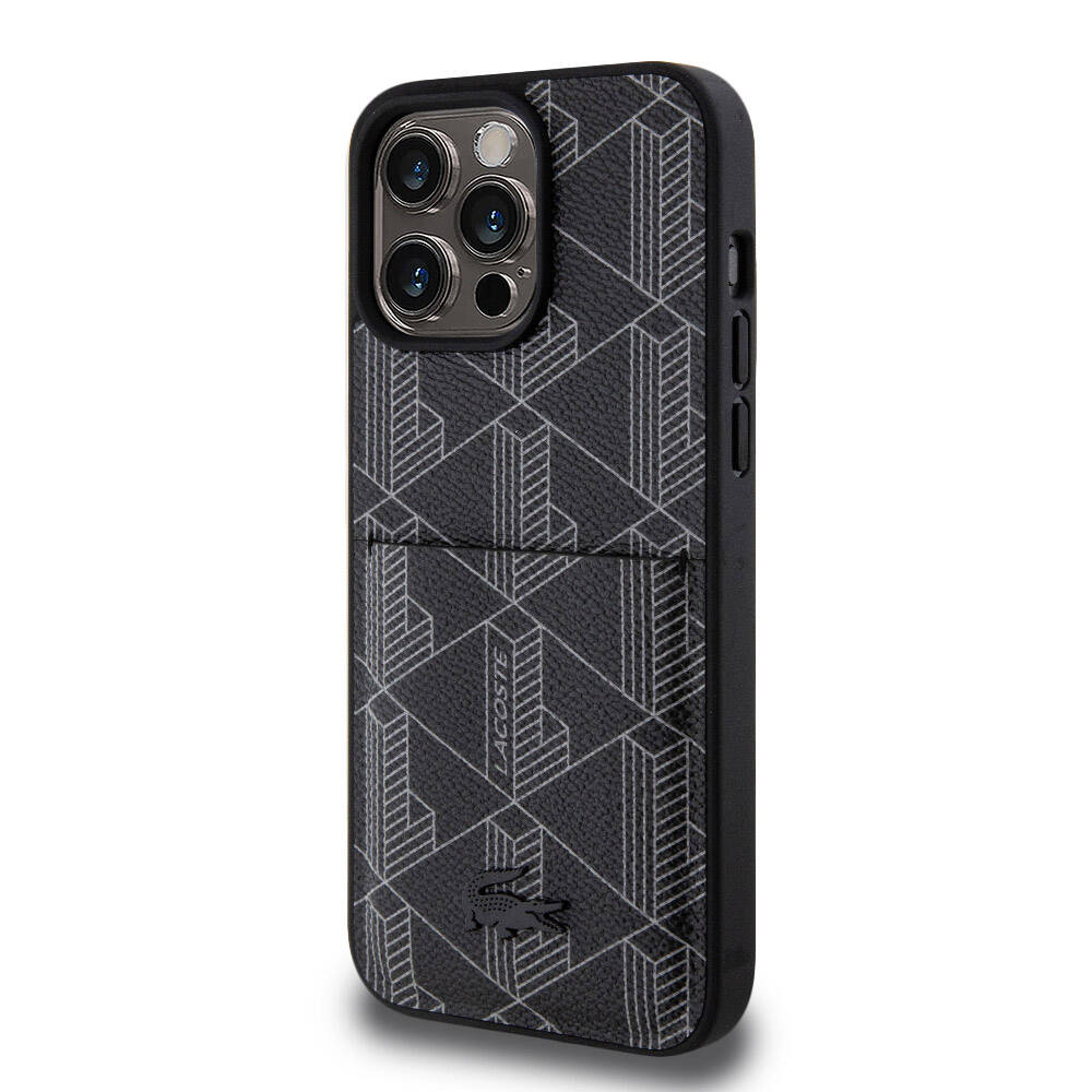 Apple iPhone 15 Pro Max Kılıf Lacoste Orjinal Lisanslı M-safe Şarj Özellikli PU Deri Görünümlü Kartlıklı Karışık Monogram Desenli Kapak Beyaz