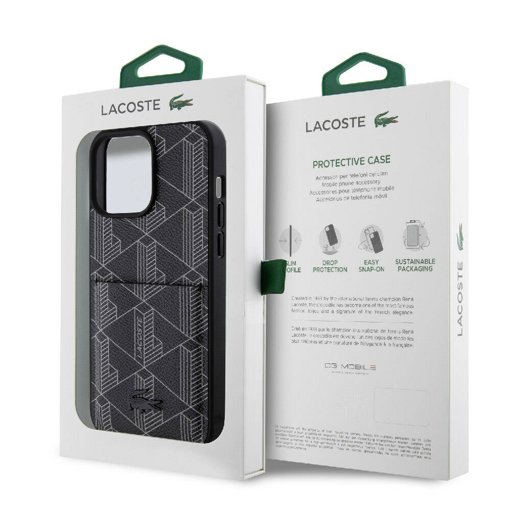 Apple iPhone 15 Pro Max Case Lacoste Original Licensed M-Safe Charging Function PU Leather Look Card Holder Mixed Monogram Pattern Cover White