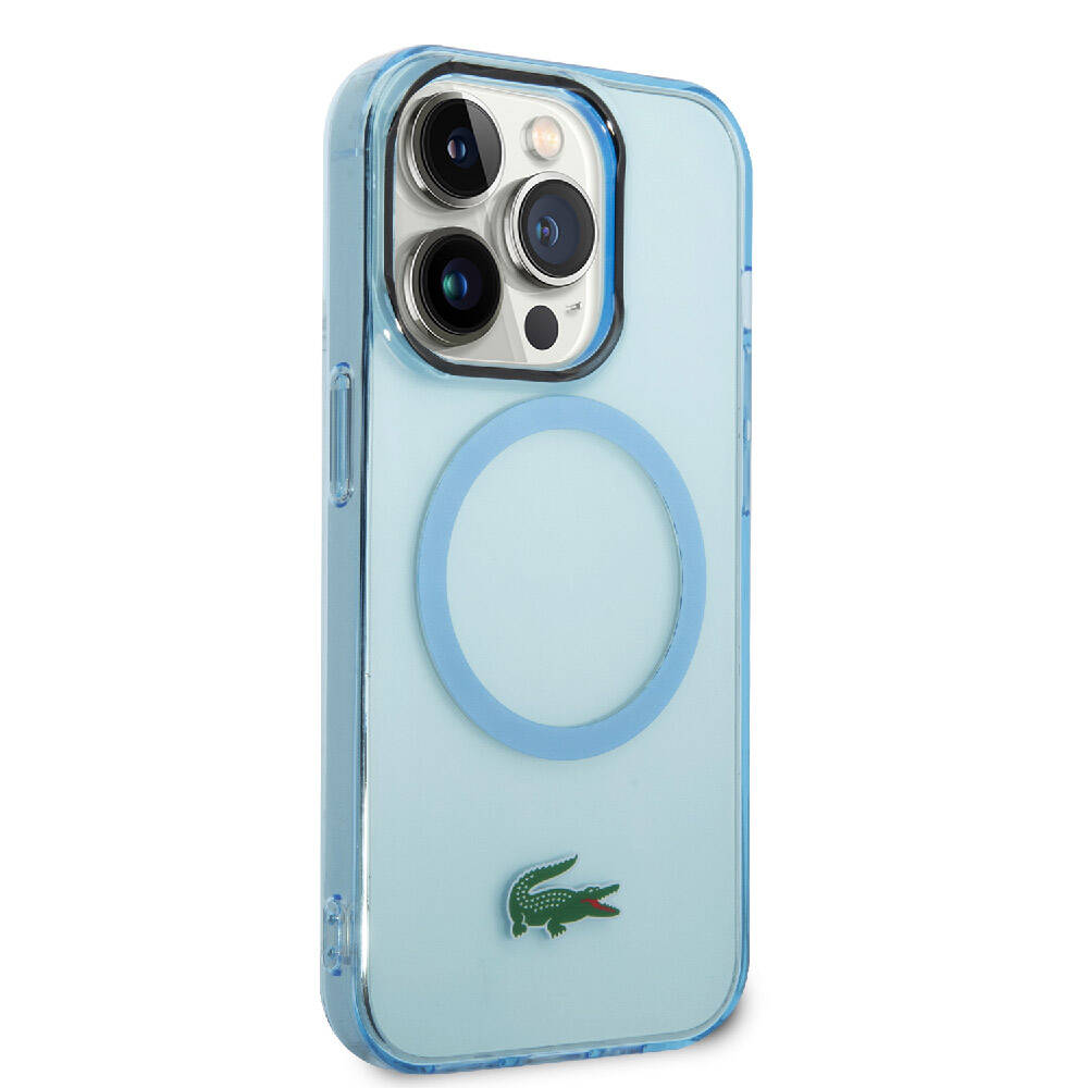 Apple iPhone 15 Pro Max Kılıf Lacoste Orjinal Lisanslı M-safe Şarj Özellikli Transparan Timsah Logo Baskılı Kapak Mavi Açık