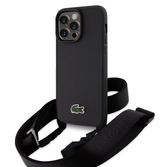 Apple iPhone 15 Pro Max Kılıf Lacoste Orjinal Lisanslı PU Pike Desenli Arka Yüzey Askılı İkonik Timsah Dokuma Logolu Kapak Siyah