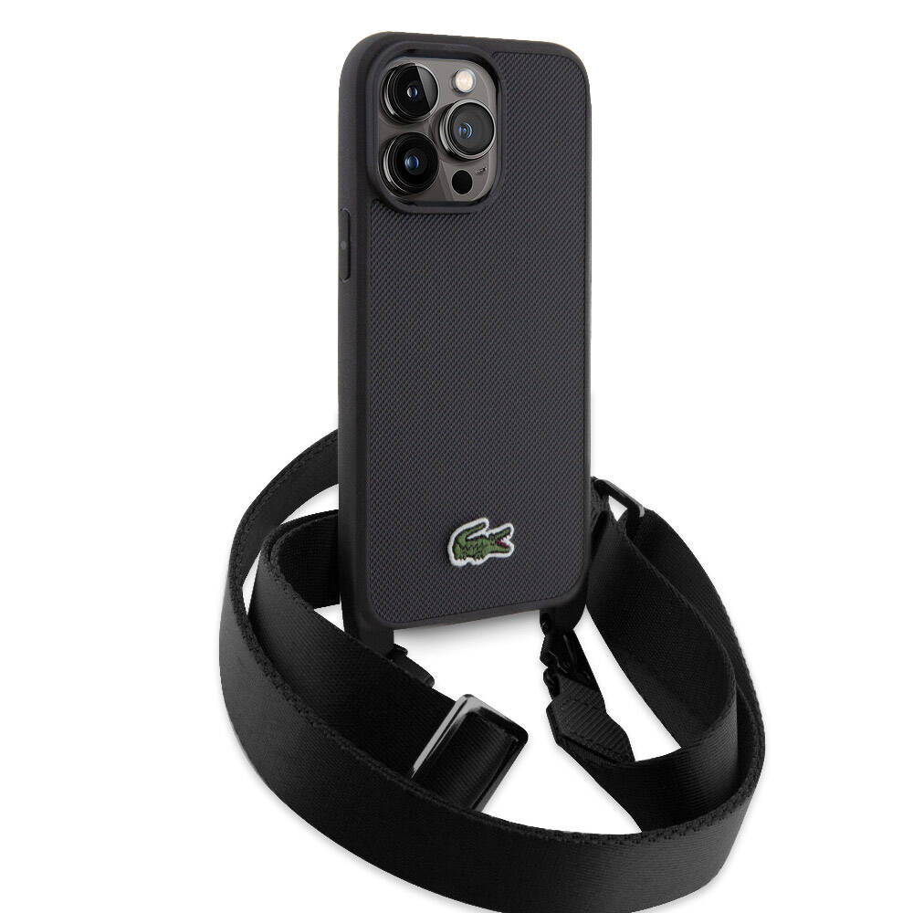 Apple iPhone 15 Pro Max Kılıf Lacoste Orjinal Lisanslı PU Pike Desenli Arka Yüzey Askılı İkonik Timsah Dokuma Logolu Kapak Yeşil