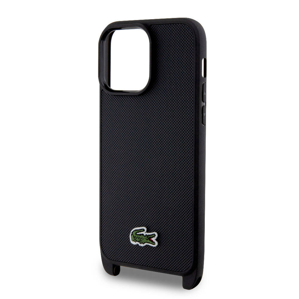 Apple iPhone 15 Pro Max Case Lacoste Original Licensed PU Pique Patterned Back Surface Strap Iconic Crocodile Woven Logo Cover Black