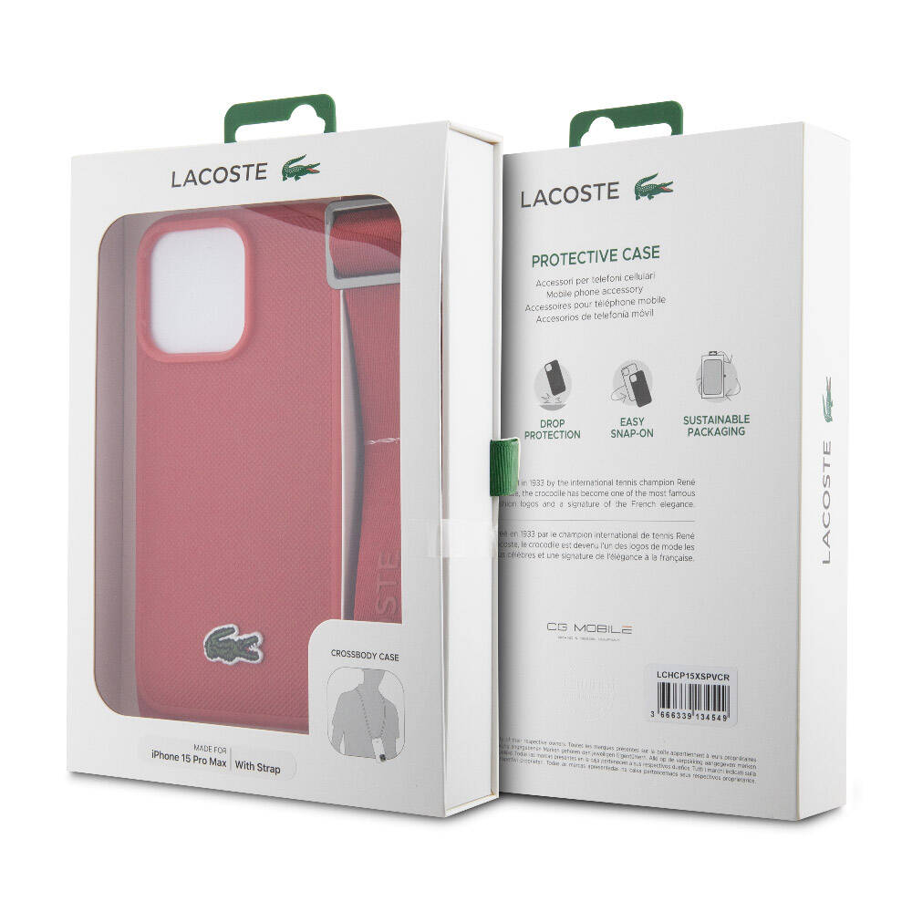 Apple iPhone 15 Pro Max Kılıf Lacoste Orjinal Lisanslı PU Pike Desenli Arka Yüzey Askılı İkonik Timsah Dokuma Logolu Kapak Lacivert