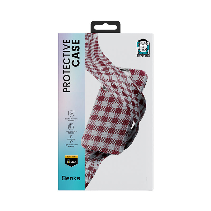 Apple iPhone 15 Pro Max Kılıf M-safe Şarj Özellikli Ekose Tasarımlı Benks ArmorVichy Kevlar Kapak Kırmızı