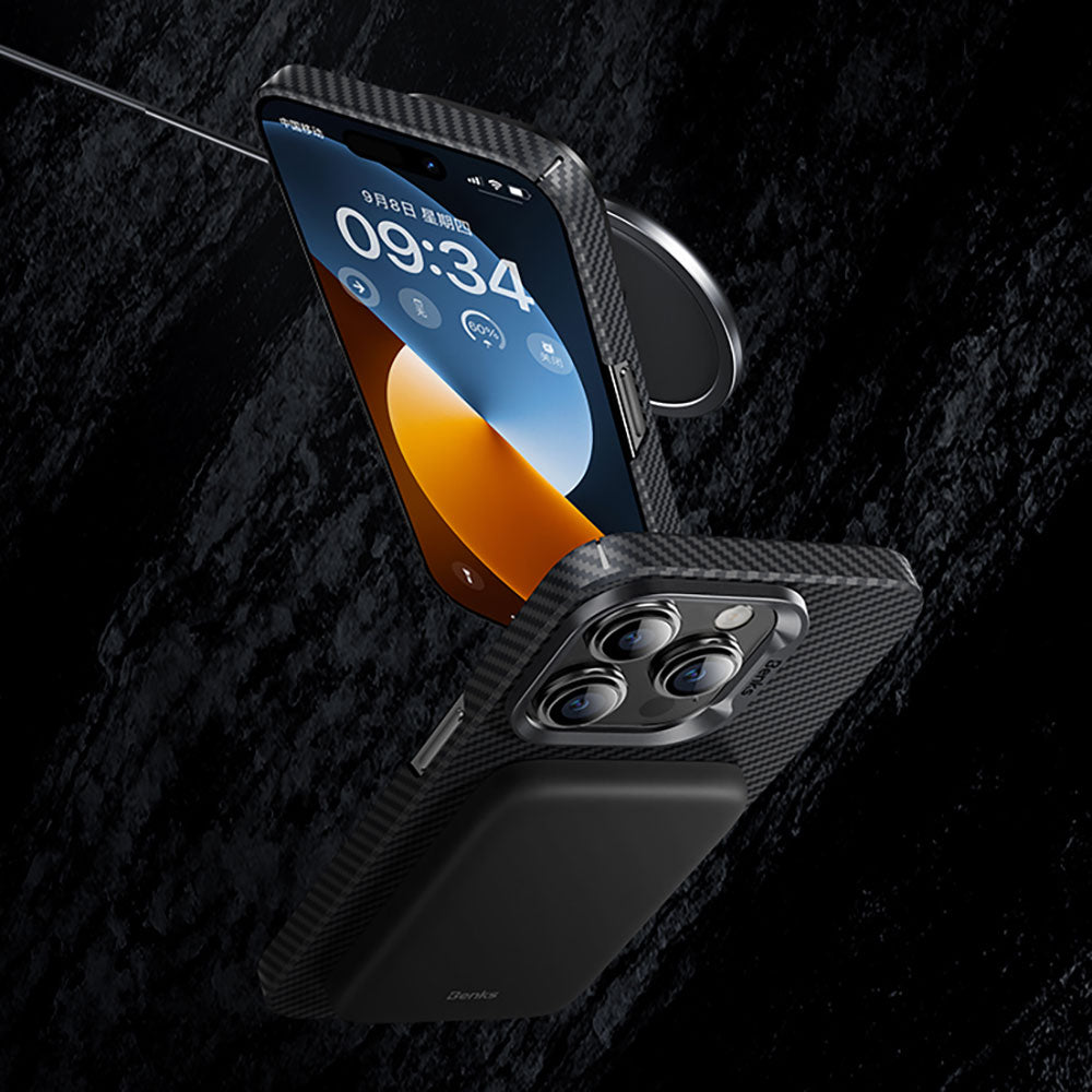 Apple iPhone 15 Pro Max Case M-safe Carbon Fiber Benks Essential ArmorAir 600D Kevlar Cover Black