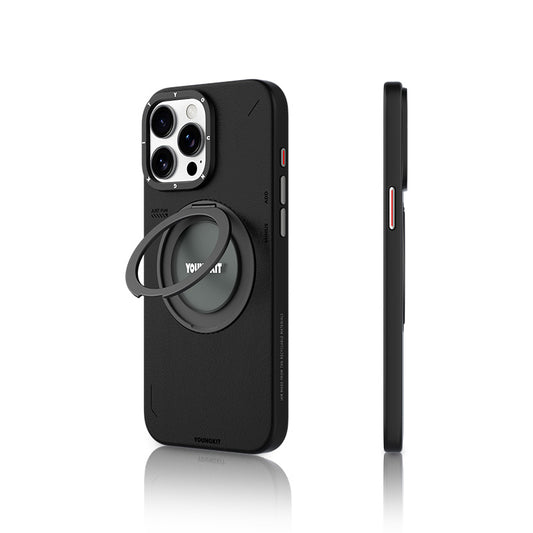 Apple iPhone 15 Pro Max Kılıf M-safe Şarj Özellikli 360° Standlı Basit Mat Deri Desenli Youngkit Tech Leather Serisi Kapak Siyah