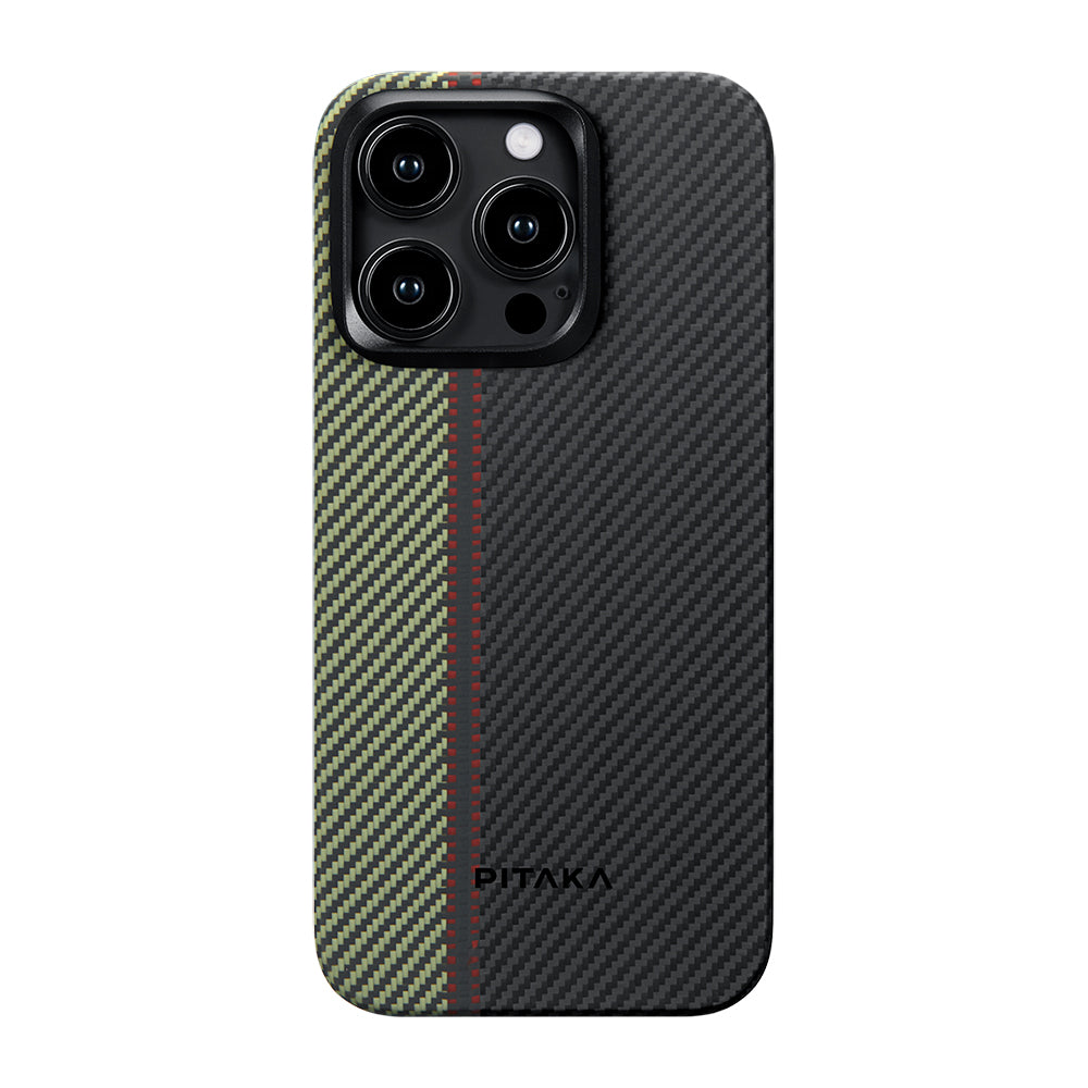 Apple iPhone 15 Pro Max Case with M-Safe Charging Feature 600D Aramid Fiber Pitaka Tactile Woven Orchestra Series Overture Cover Black-Green