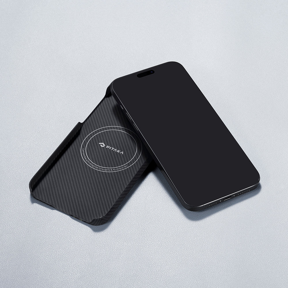 Apple iPhone 15 Pro Max Kılıf M-safe Şarj Özellikli 600D Aramid Fiber Pitaka Tactile Woven Orchestra Serisi Rhapsody Kapak Siyah
