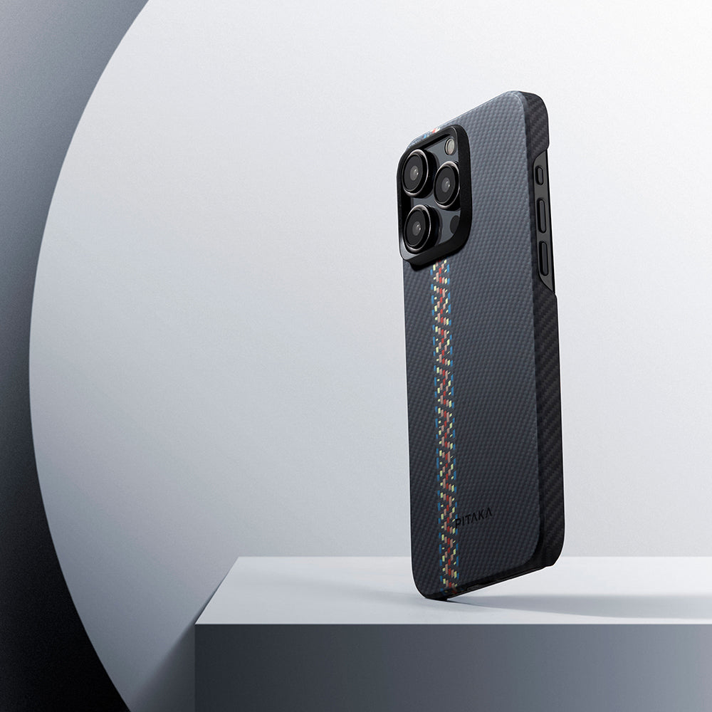 Apple iPhone 15 Pro Max Kılıf M-safe Şarj Özellikli 600D Aramid Fiber Pitaka Tactile Woven Orchestra Serisi Rhapsody Kapak Siyah