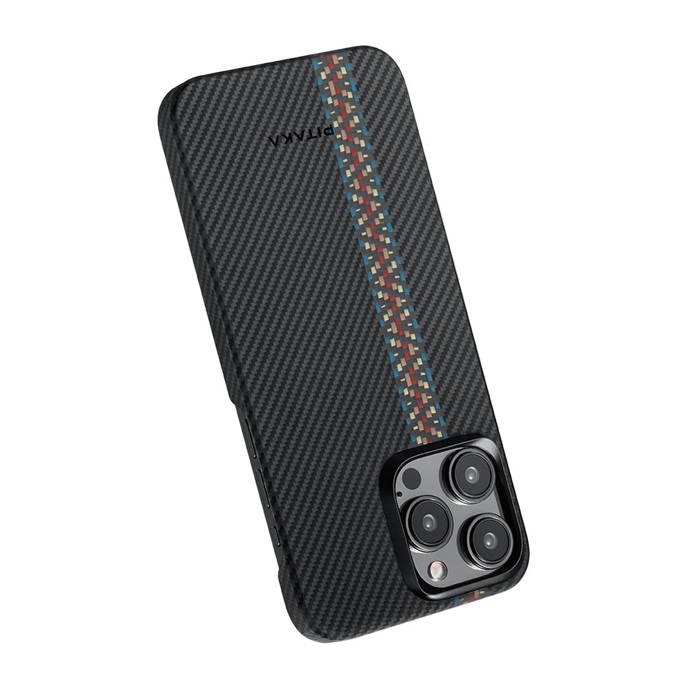 Apple iPhone 15 Pro Max Kılıf M-safe Şarj Özellikli 600D Aramid Fiber Pitaka Tactile Woven Orchestra Serisi Rhapsody Kapak Siyah