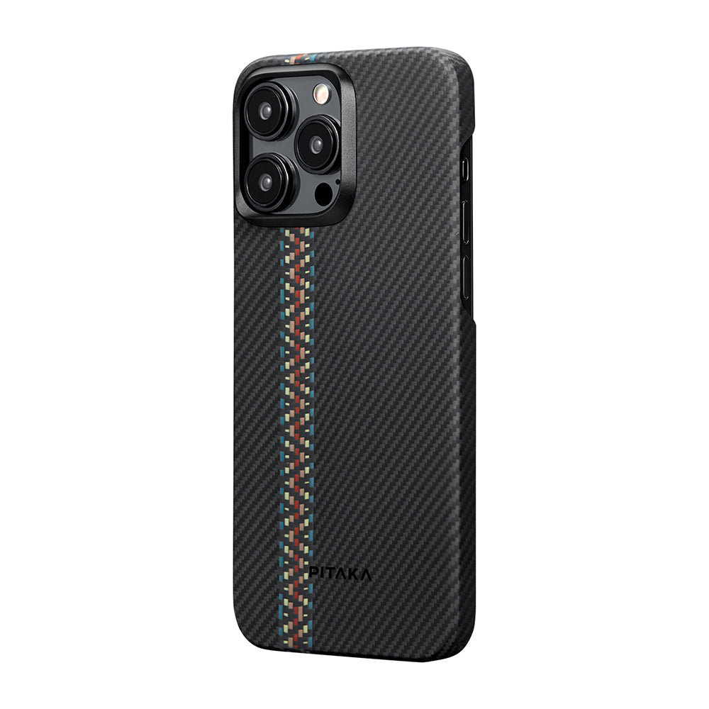 Apple iPhone 15 Pro Max Kılıf M-safe Şarj Özellikli 600D Aramid Fiber Pitaka Tactile Woven Orchestra Serisi Rhapsody Kapak Siyah