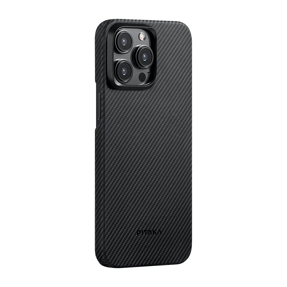 Apple iPhone 15 Pro Max Kılıf M-safe Şarj Özellikli 600D Aramid Fiber Pitaka Ultra-Slim Classic Serisi Black-Grey Twill Kapak Siyah-Gri