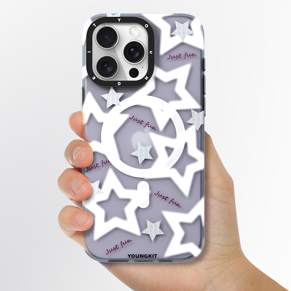 Apple iPhone 15 Pro Max Kılıf M-safe Şarj Özellikli Airbagli Çift Katmanlı Youngkit Star&Butterfly Serisi Kapak Gri