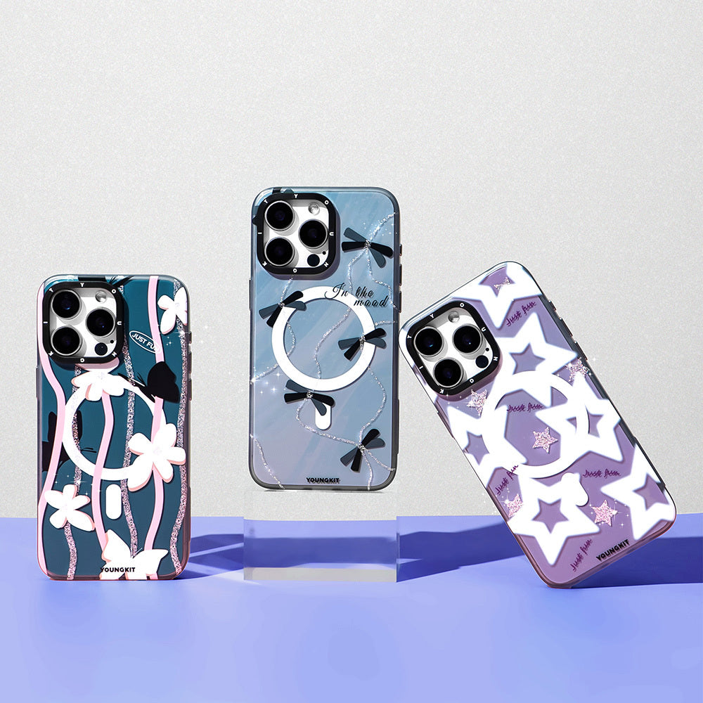 Apple iPhone 15 Pro Max Kılıf M-safe Şarj Özellikli Airbagli Çift Katmanlı Youngkit Star&Butterfly Serisi Kapak Mor