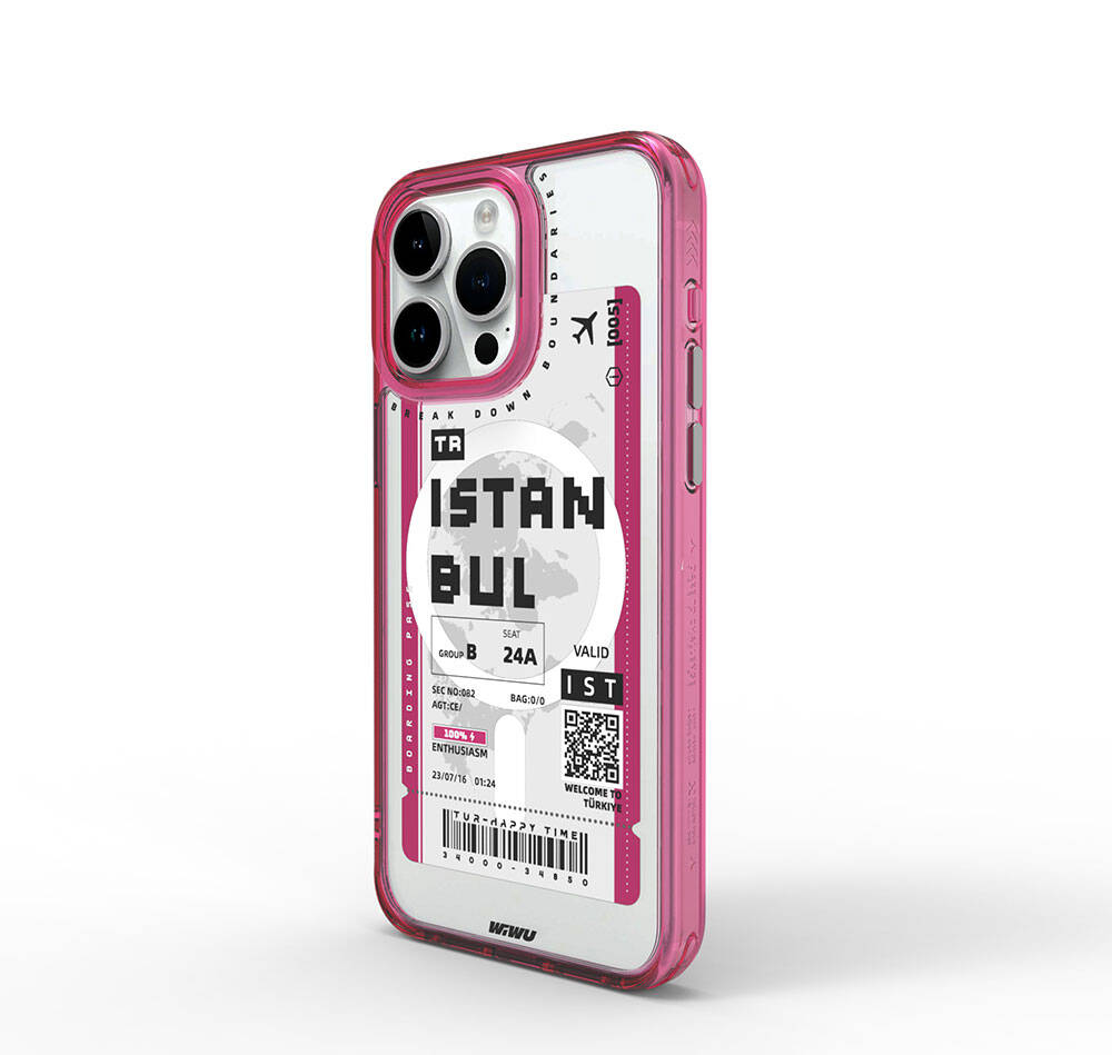 Apple iPhone 15 Pro Max Case with M-safe Charging Feature, Ticket Pattern, Wiwu Turkey B Series Cover, Pink