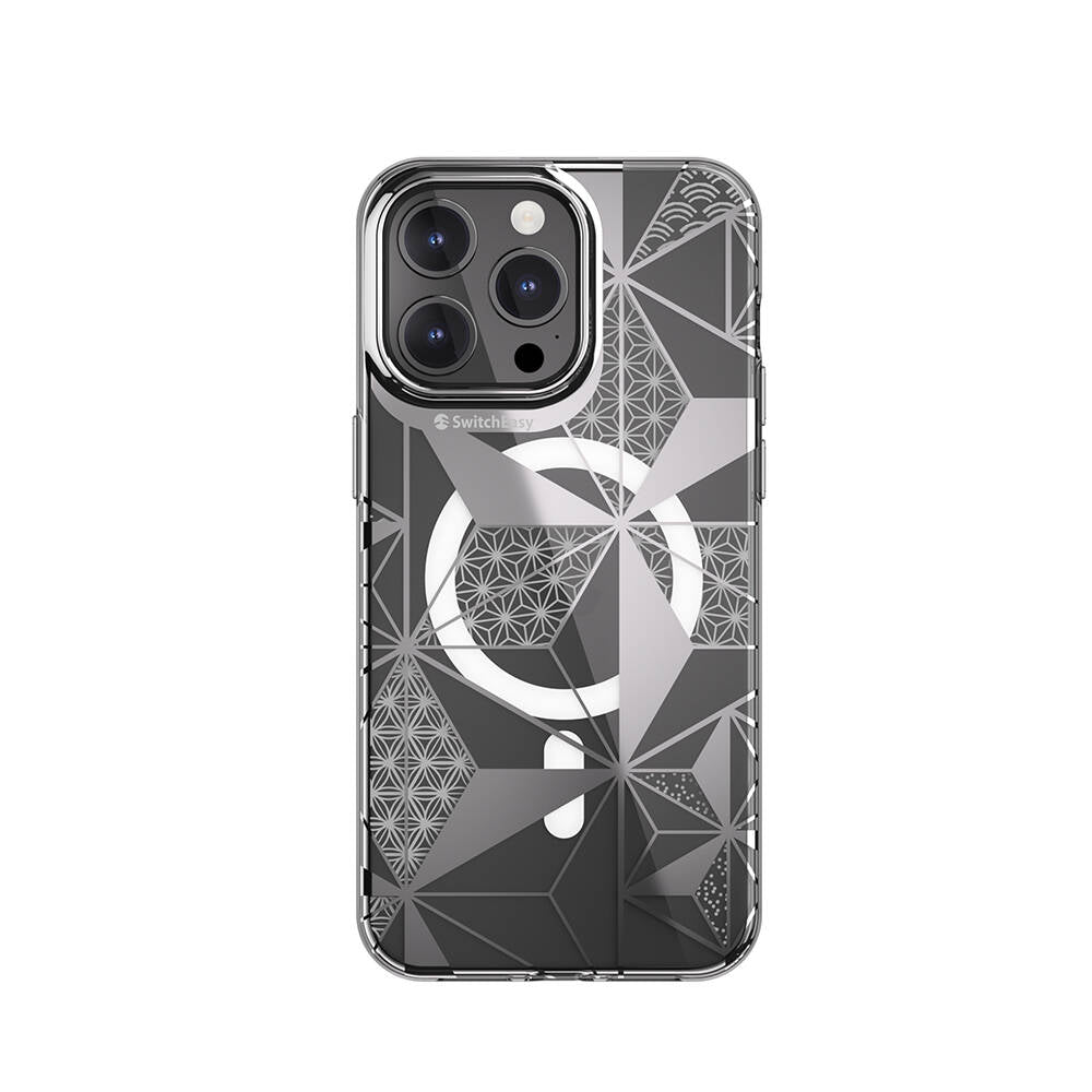 Apple iPhone 15 Pro Max Kılıf M-safe Şarj Özellikli Çift IMD Baskılı Lisanslı Switcheasy Artist-M Asanoha Kapak Gri