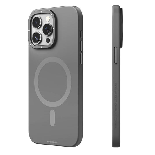 Apple iPhone 15 Pro Max Kılıf M-safe Şarj Özellikli Çizilmeye ve Aşınmaya Dayanıklı Youngkit Velvet Serisi Kapak Gri