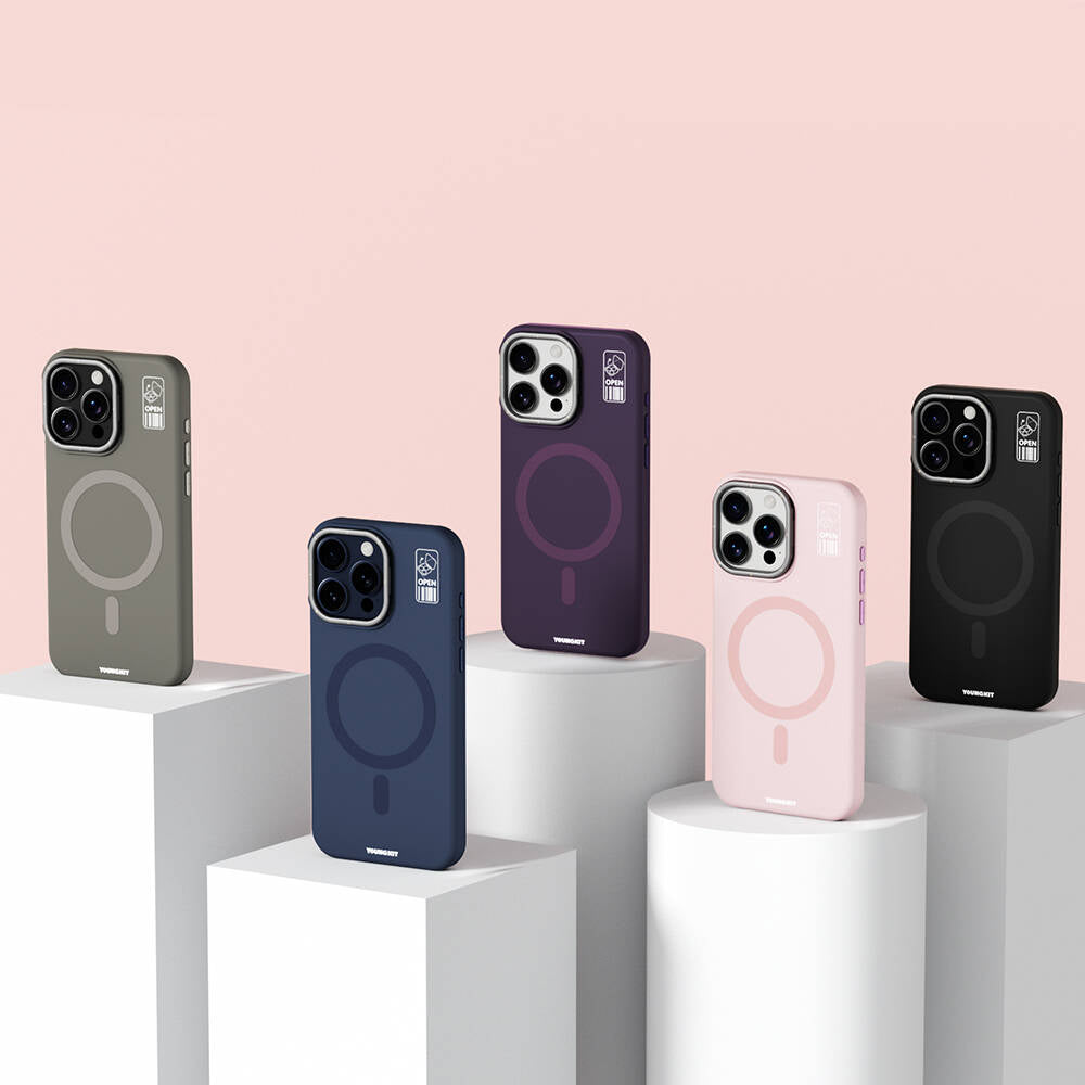 Apple iPhone 15 Pro Max Kılıf M-safe Şarj Özellikli Kamera Standlı Youngkit Bitty Cream Kapak Gri