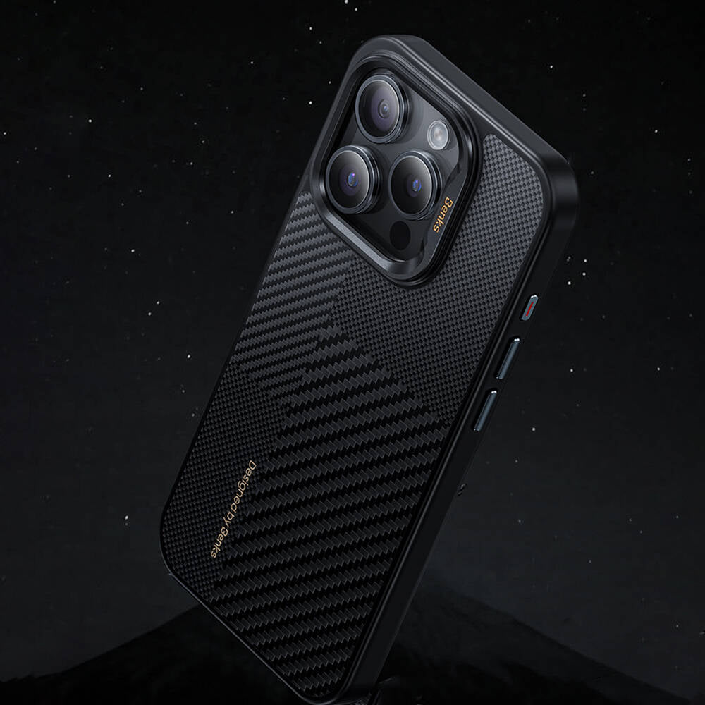 Apple iPhone 15 Pro Max Case M-safe Charging Feature Carbon Fiber Benks Montage Hybrid ArmorPro Kevlar Cover Black